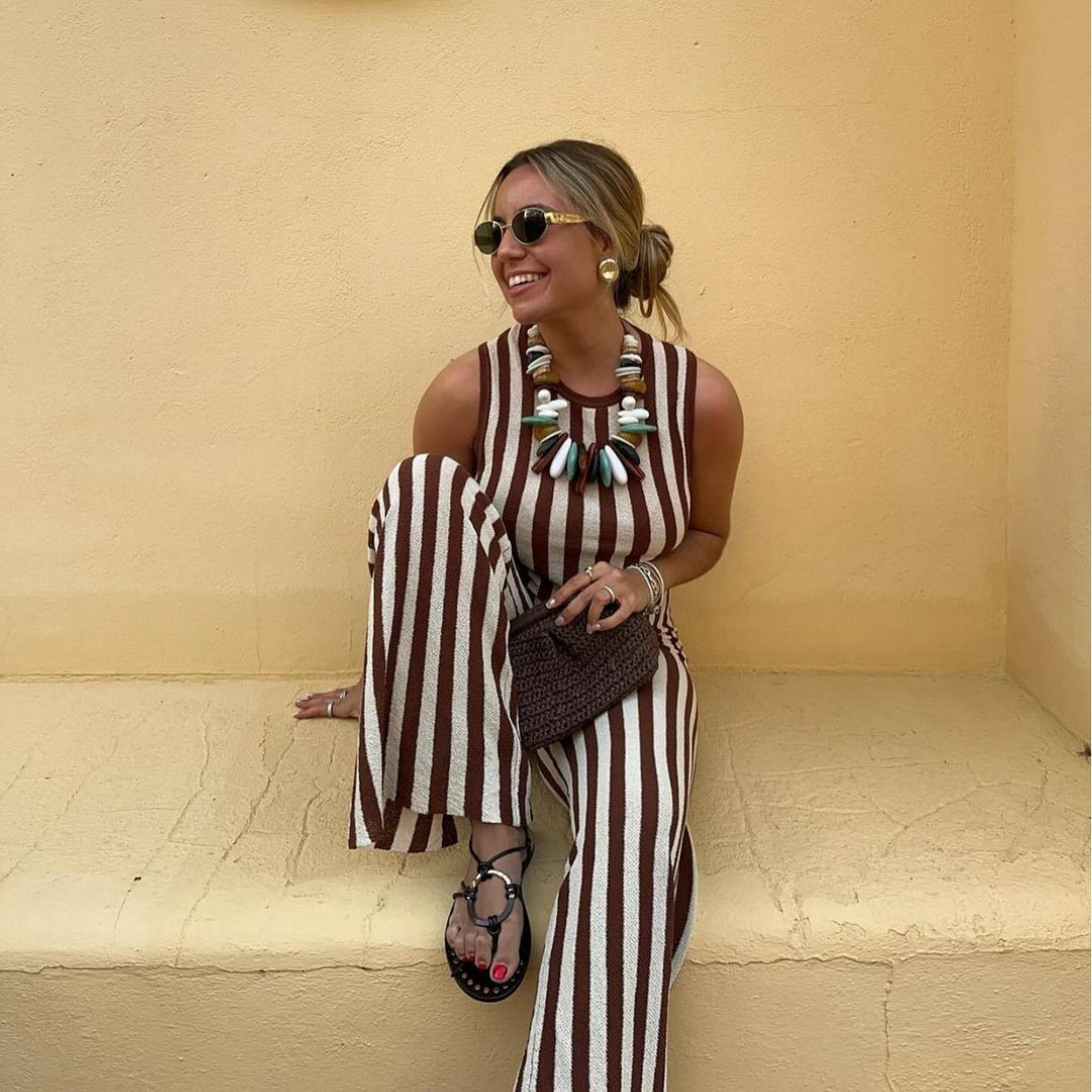Damen lässiger Jumpsuit mit gestreiftem Design und hohem Bund R&B