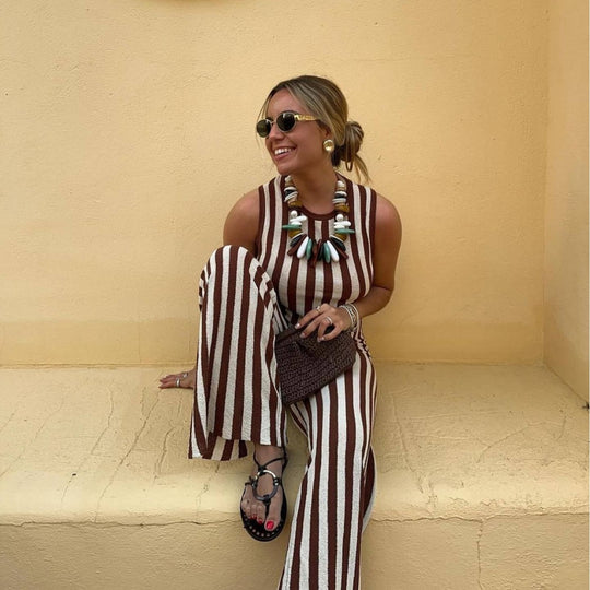 Damen lässiger Jumpsuit mit gestreiftem Design und hohem Bund R&B