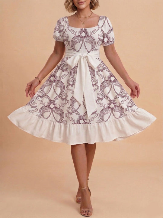 Damen Retro Maxikleid mit Puffärmeln und Taillengürtel R&B
