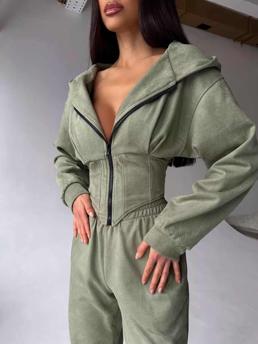 Damen sportlicher Jumpsuit mit Reißverschluss und hohem Kragen R&B