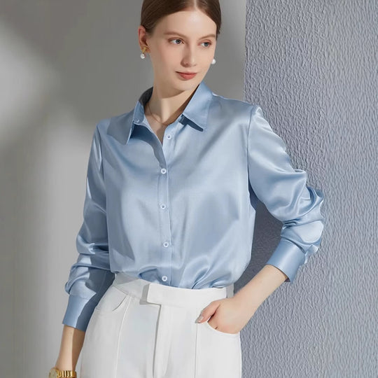 Damen Luxus Satin-Bluse mit elegantem Kragen und weichen Ärmeln R&B