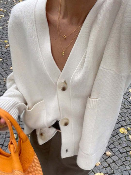 Damen lässige Strickjacke mit tiefem V-Ausschnitt und praktischen Taschen R&B