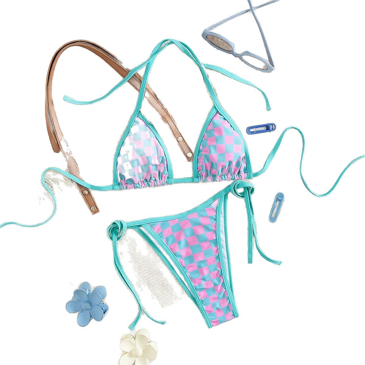 Damen Triangel-Bikini mit Karomuster und raffinierten BindR&Bändern R&B