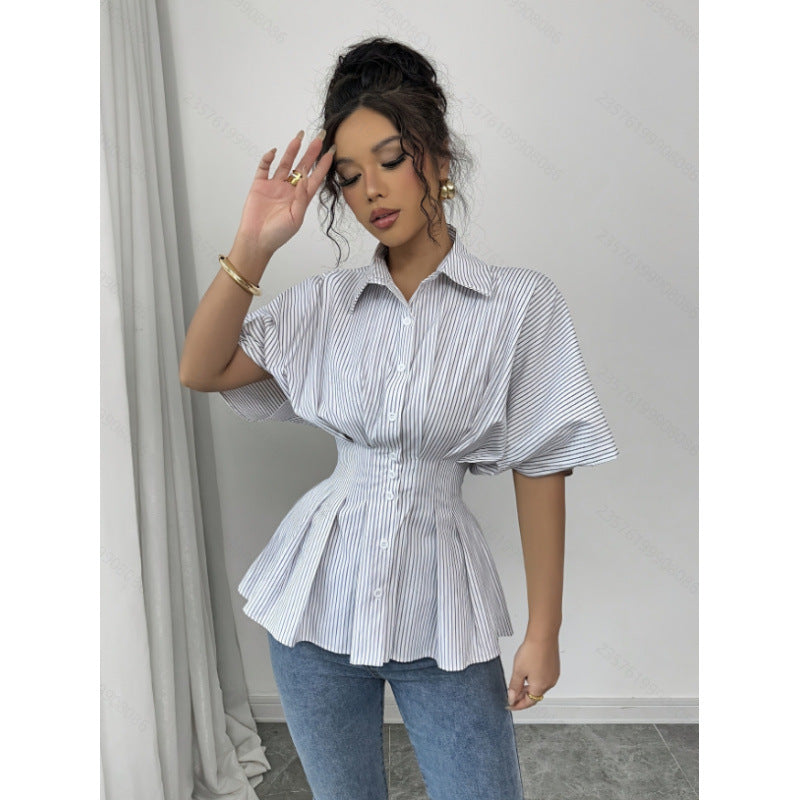 Damen taillierte Bluse mit Puffärmeln und Streifenmuster R&B