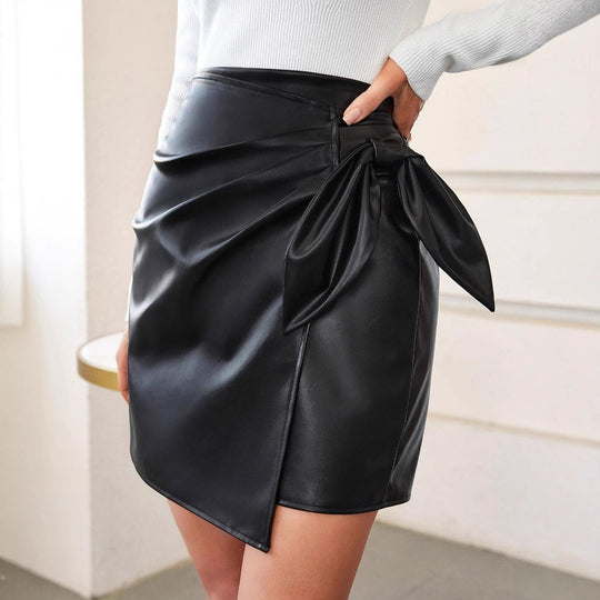 Damen Kunstleder Minirock mit seitlichem Knotendetail R&B