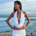 Damen funkelndes Strandoberteil mit einzigartigen Cut-Outs R&B