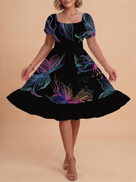 Damen modernes Blumenkleid mit elegantem Taillengürtel und asymmetrischem Saum R&B