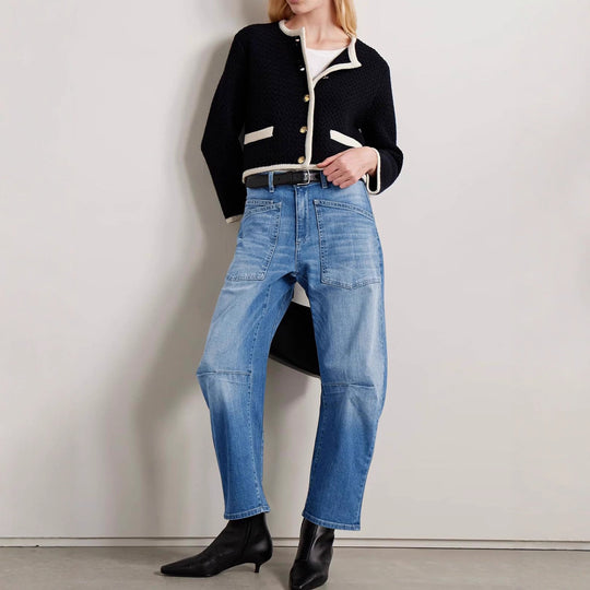 Damen Weite Denim-Hose mit hohem Bund und Taschen