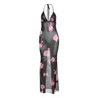 Damen Maxi Strandkleid mit floralem Mesh-Design und tiefem V-Ausschnitt R&B