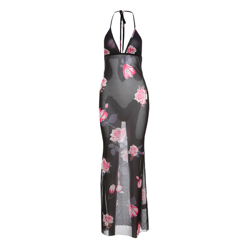 Damen Maxi Strandkleid mit floralem Mesh-Design und tiefem V-Ausschnitt R&B