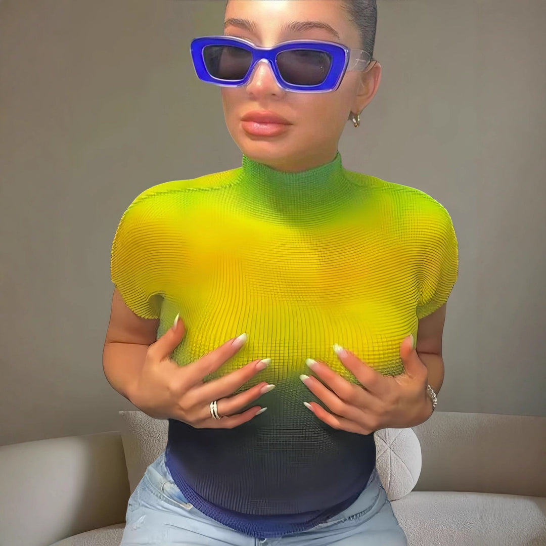 Damen Kurzarm-T-Shirt mit modernem Farbverlauf und hohem Kragen R&B