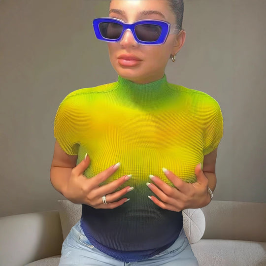 Damen Kurzarm-T-Shirt mit modernem Farbverlauf und hohem Kragen R&B