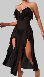 Damen Maxi-Kleid mit voluminösen Rüschendetails und seitlichem Schlitz