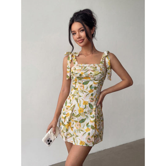 Damen Minikleid mit ärmellosen Bindeschultern und floralem Design R&B