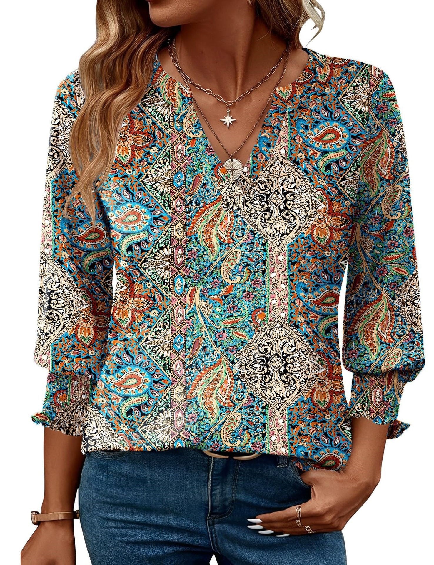 Damen modische Bluse mit verspieltem Paisleymuster und Rüschendetails R&B