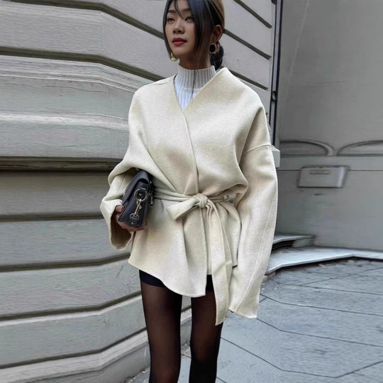 Damen modische Wickeljacke mit Gürtel und weiten Ärmeln R&B