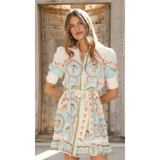 Damen Kurzarmkleid mit dekorativer Knopfleiste und verspieltem Volant R&B