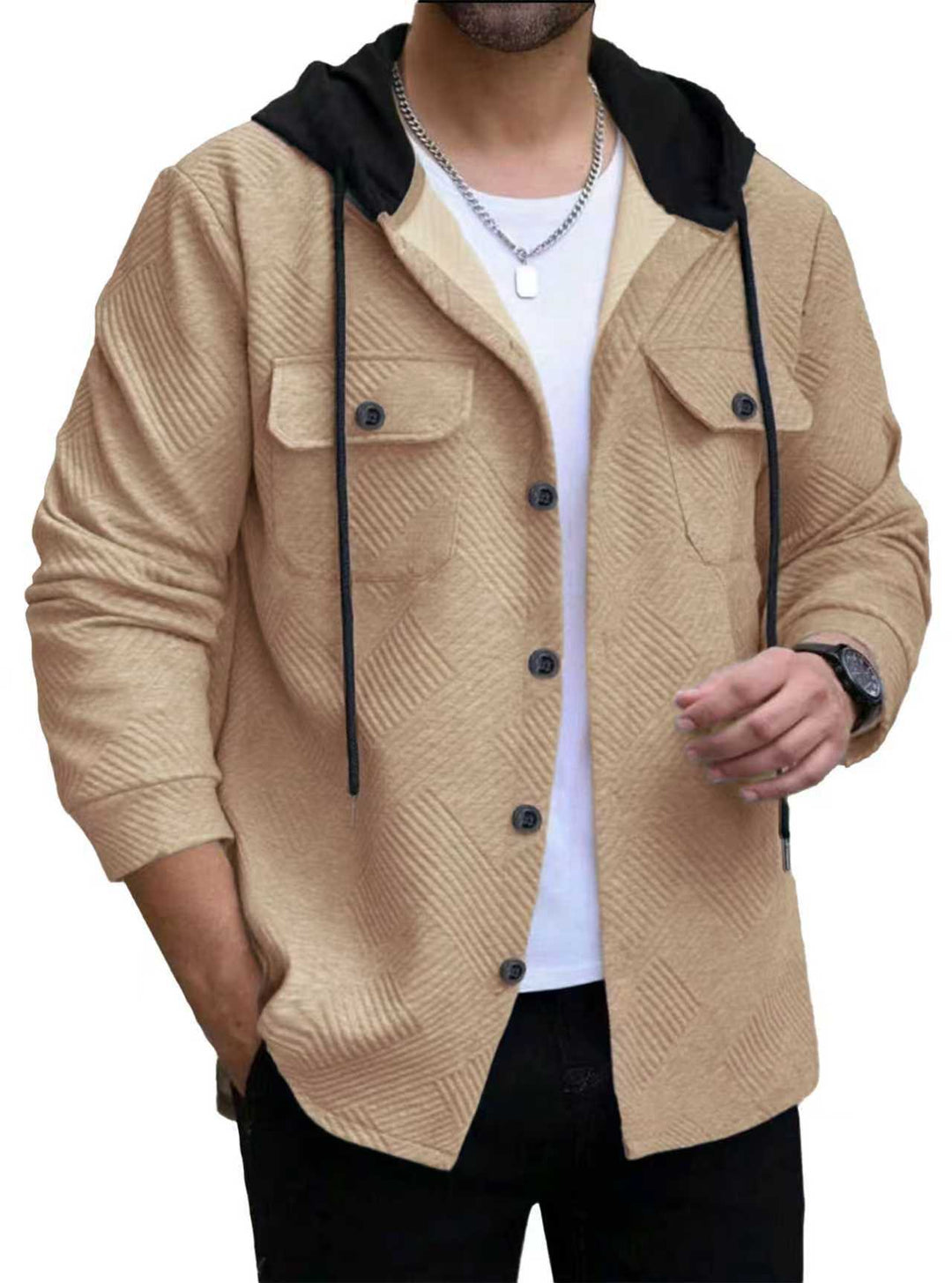 Herren nan strukturierte Overshirtjacke mit gesteppter Diagonalstruktur, Kontrastkapuze und aufgesetzten Brustklappen R&B