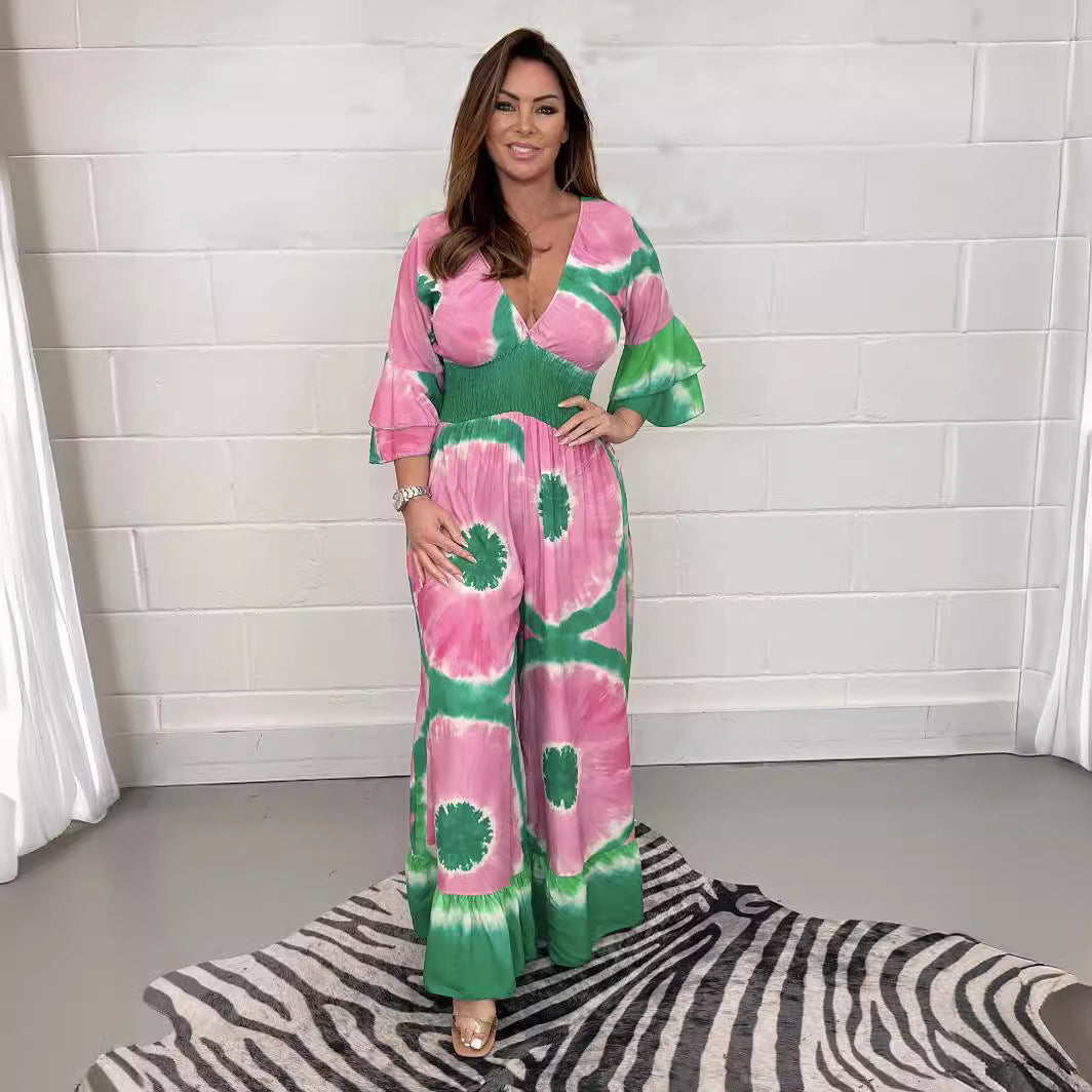 Damen Maxikleid mit asymmetrischen Ärmeln und einzigartigem Batik-Design R&B