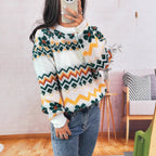 Damen Grobstrickpullover mit buntem Zickzackmuster und floralen Akzenten R&B