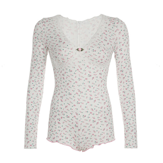 Damen Schlafbody mit zartem Blumenmuster und eleganter Spitzenverzierung R&B