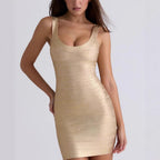 Damen nan figurbetontes Bandage-Minikleid mit breiten Trägern und tiefem Rundhalsausschnitt R&B