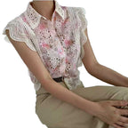 Damen elegante Bluse mit Cut-Out-Ärmeln und schickem Spitzenbesatz R&B