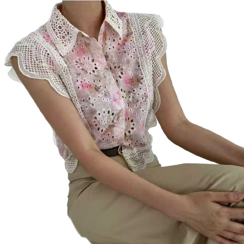 Damen elegante Bluse mit Cut-Out-Ärmeln und schickem Spitzenbesatz R&B