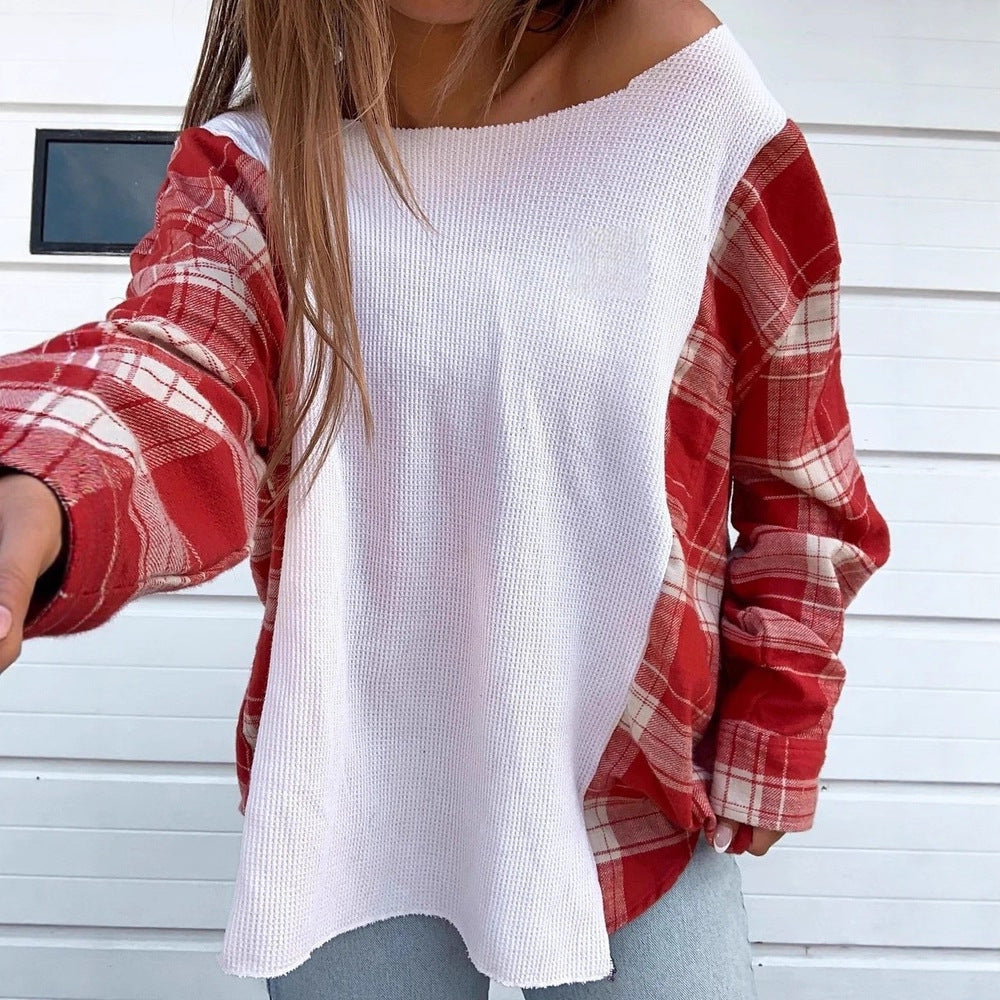 Damen nan Oversize Langarmshirt im Materialmix mit strukturierter Waffelstrick-Front und karierter Ärmelpartie R&B
