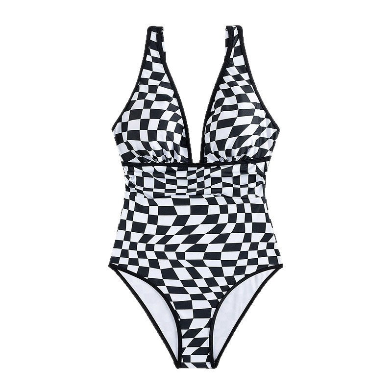 Damen Einteiler Badeanzug mit kreativem Schachbrettmuster R&B