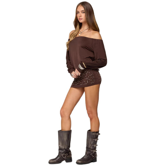 Damen Off-Shoulder Top mit eleganten langen Ärmeln und figurbetontem Rock R&B