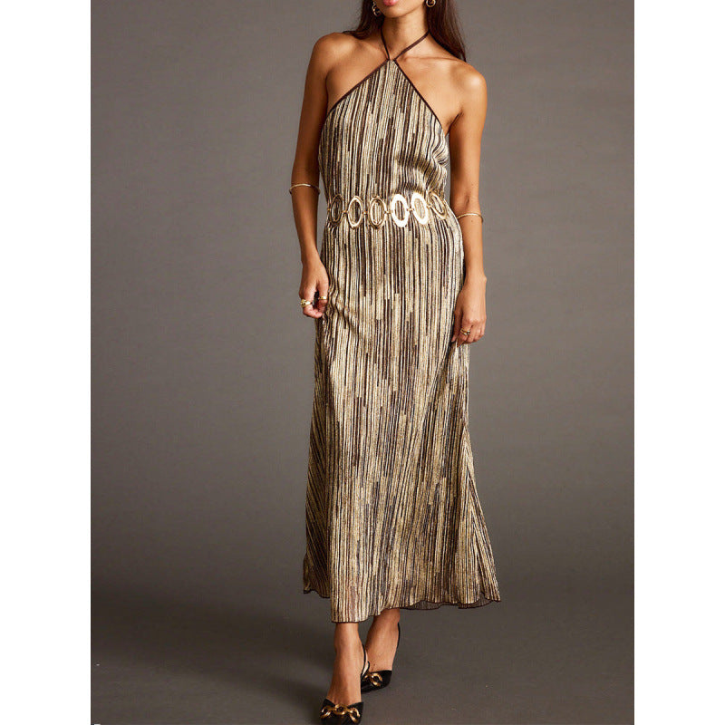 Damen Elegantes Maxikleid mit schimmerndem Streifenmuster und RückenbindR&Band R&B