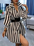 Damen Hemdblusenkleid mit markantem Streifenmuster und weitem Kragen R&B