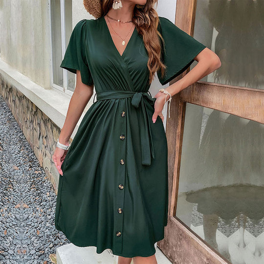 Damen Midi-Kleid mit eleganter Wickeloptik und praktischen Knopfdetails R&B
