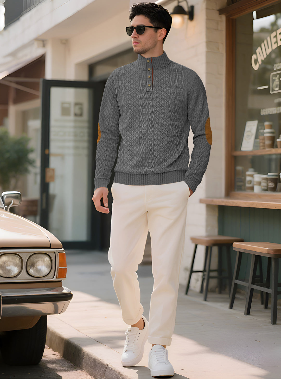 Herren nan edler Knopfsweater im Zopfmuster mit hohem Stehkragen und Wildleder-Ellenbogenpatches R&B