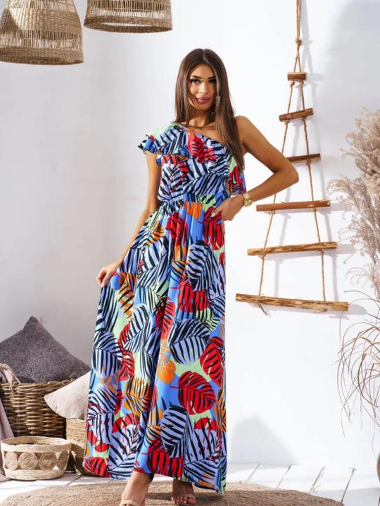 Damen Maxikleid mit asymmetrischem Träger und raffinierter Rüsche R&B