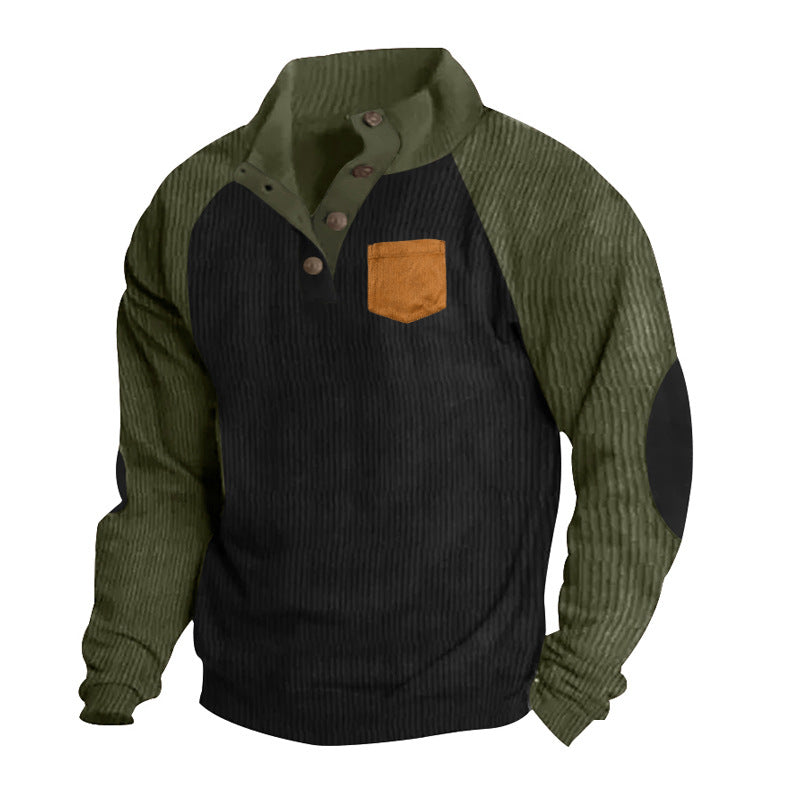Herren nan strukturierter Halbknopf-Strickpullover im Cord-Look mit Raglanärmeln, aufgesetzter Brusttasche und Ellenbogenpatches R&B
