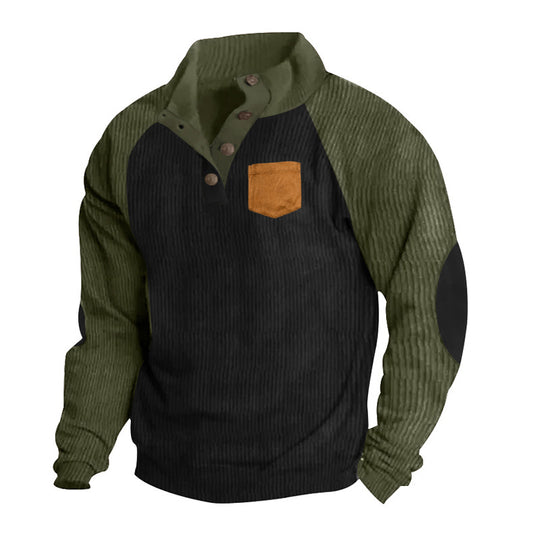 Herren nan strukturierter Halbknopf-Strickpullover im Cord-Look mit Raglanärmeln, aufgesetzter Brusttasche und Ellenbogenpatches R&B