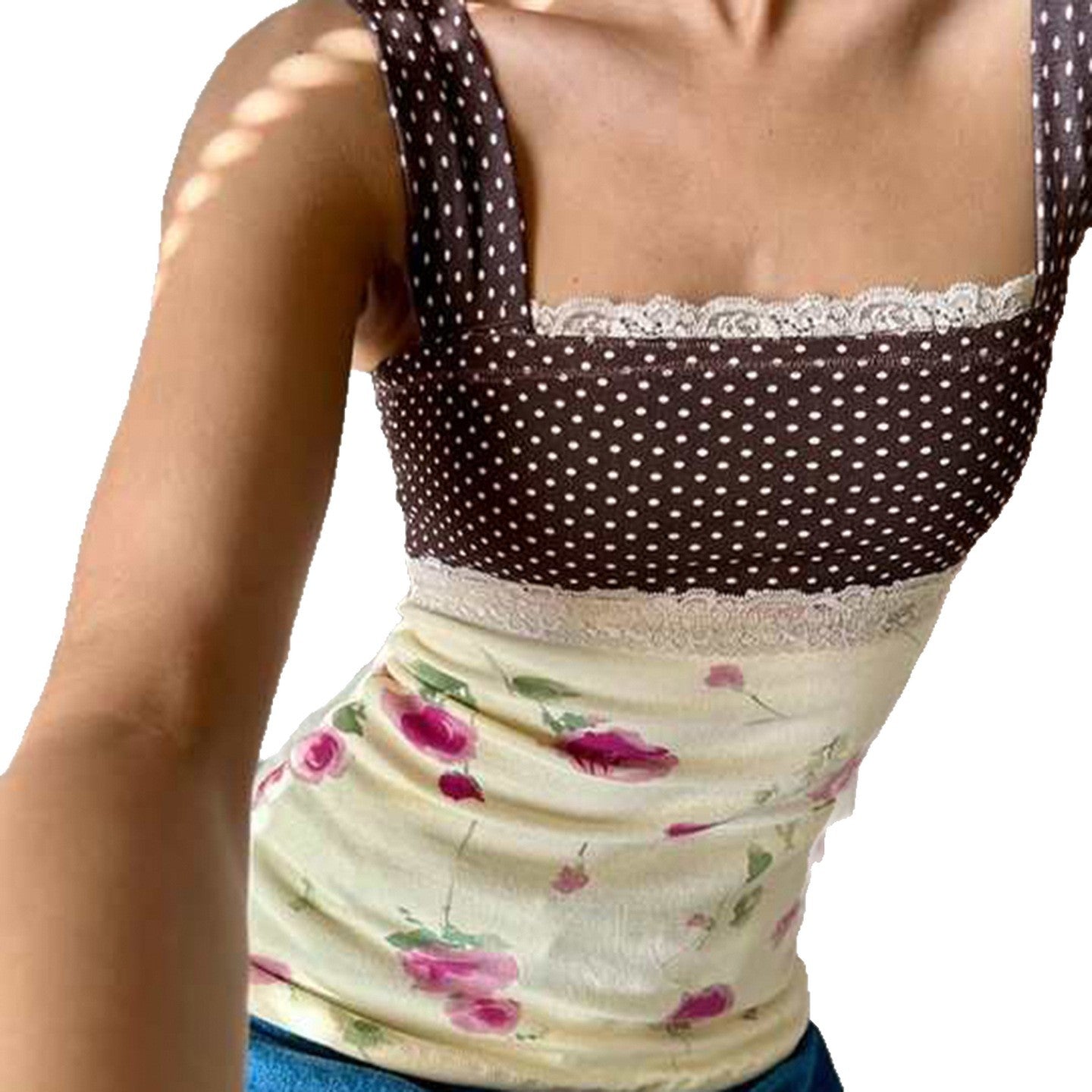 Damen Verspieltes Blütenmuster Top mit Punkten und Raffinierter Schleifenbindung R&B