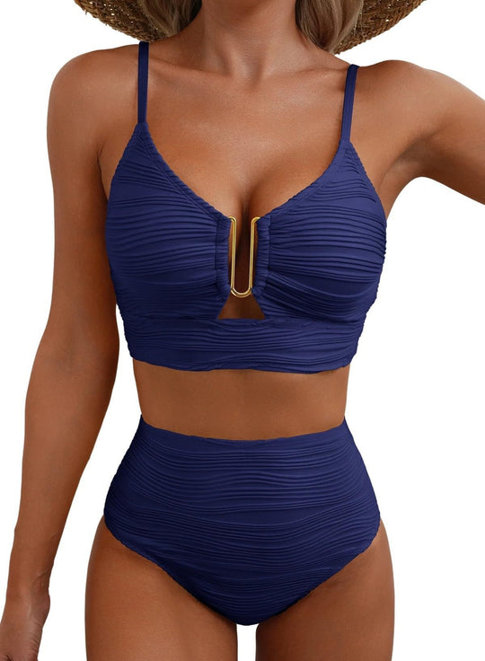 Damen Hochgeschnittener Bikini mit modischem Plissee-Design R&B