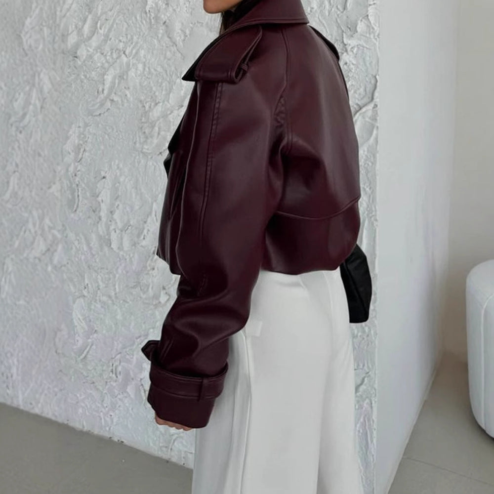 Damen modische Kunstlederjacke mit oversized Schnitt und breitem Kragen R&B
