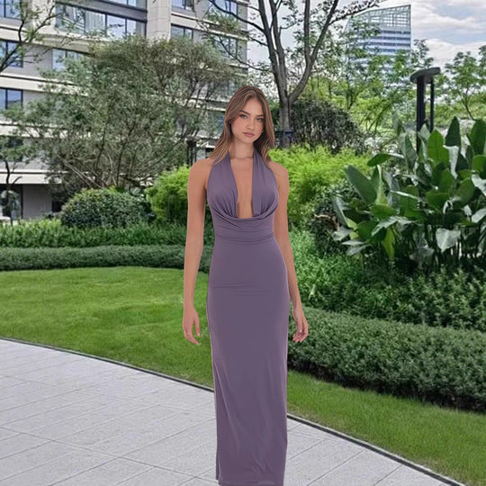 Damen Langarm-Elegant Kleid mit tiefem V-Ausschnitt und fließendem Saum R&B