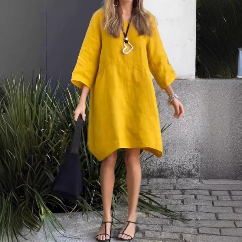 R&B | Lässiges einfarbiges Kleid aus Baumwolle mit Taschen