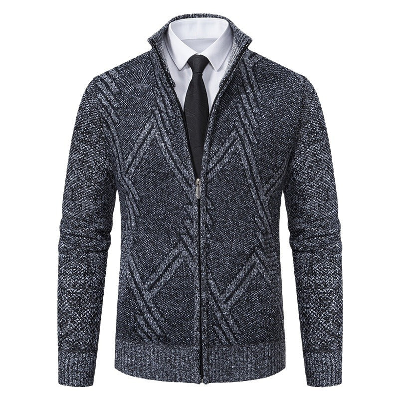 Herren elegante Strickjacke mit strukturiertem Zopfmuster und hochschließendem Kragen R&B