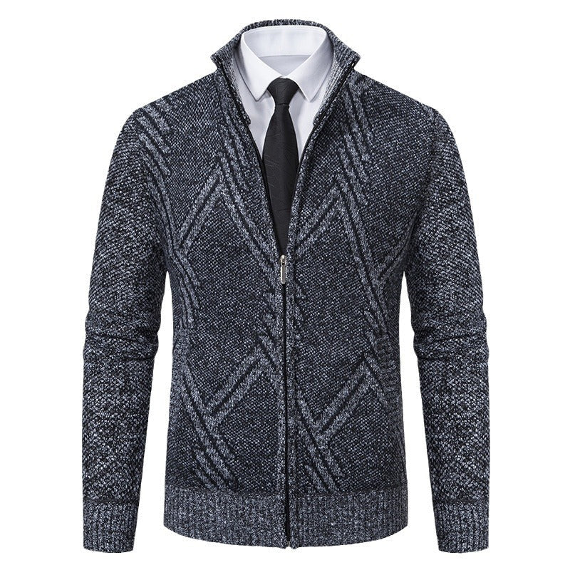 Herren elegante Strickjacke mit strukturiertem Zopfmuster und hochschließendem Kragen R&B