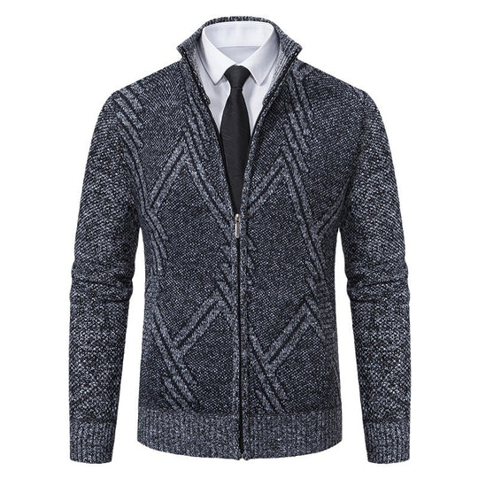Herren elegante Strickjacke mit strukturiertem Zopfmuster und hochschließendem Kragen R&B