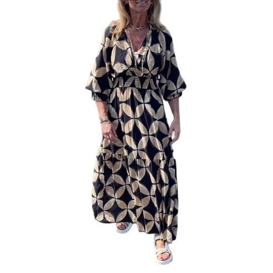 Damen nan Maxikleid mit geometrischem Alloverprint, smockierter Taille und Volantstufen R&B