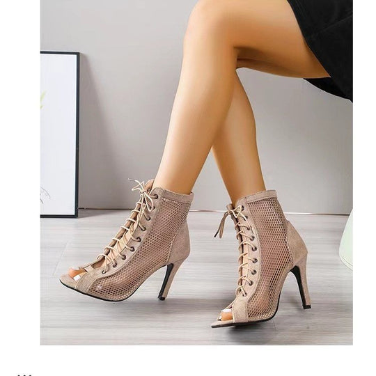 Damen Offene Schnürstiefeletten mit Netzdetails und eleganter Absatzhöhe R&B