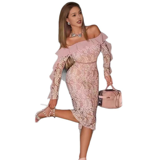 Damen Off-Shoulder Spitzenkleid mit Rüschendetails und figurbetontem Schnitt R&B