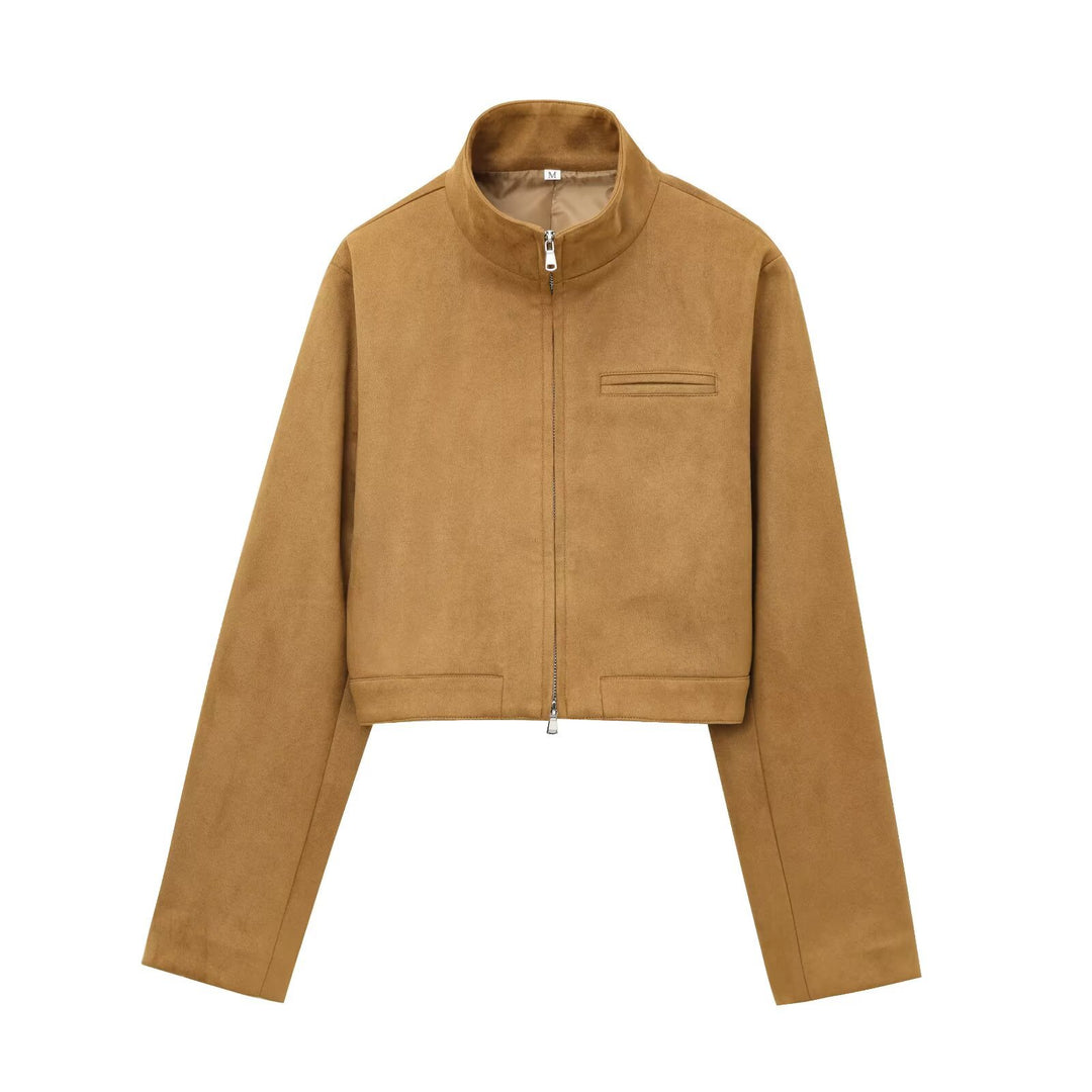 Damen kurze Kunstlederjacke mit elegantem Kragen und praktischen Taschen R&B